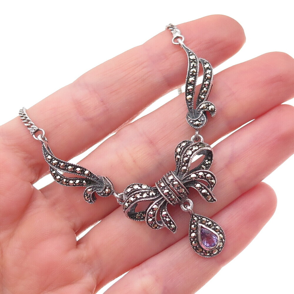 925 Sterling Silver Vintage Real Amethyst & Marcasite Bow Chain Necklace 18"